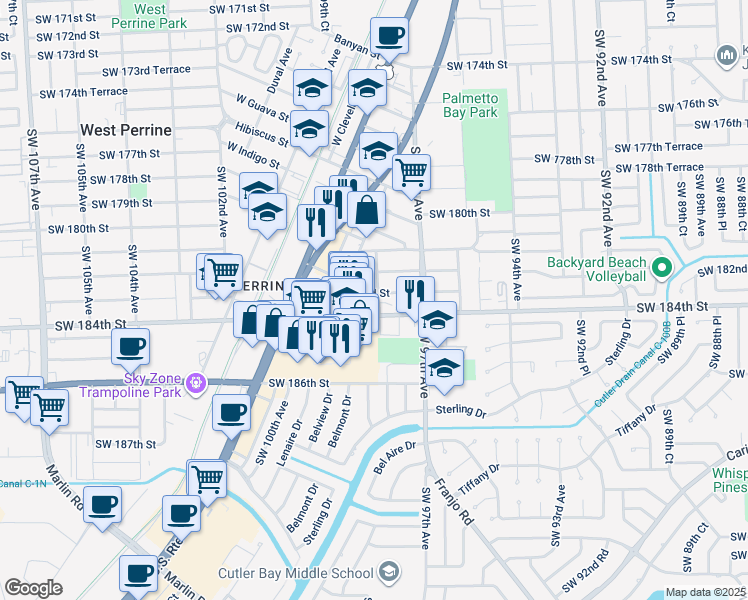 map of restaurants, bars, coffee shops, grocery stores, and more near 18320 Southwest 98th Avenue in Palmetto Bay
