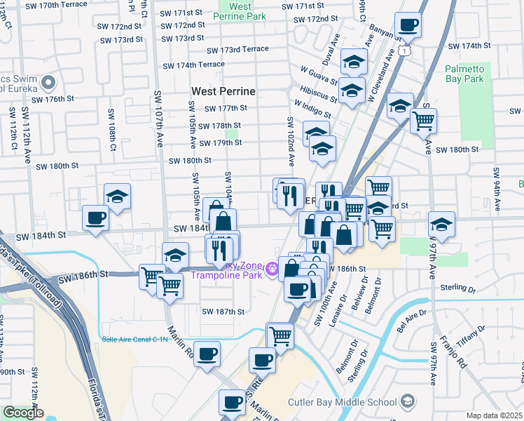 map of restaurants, bars, coffee shops, grocery stores, and more near in West Perrine