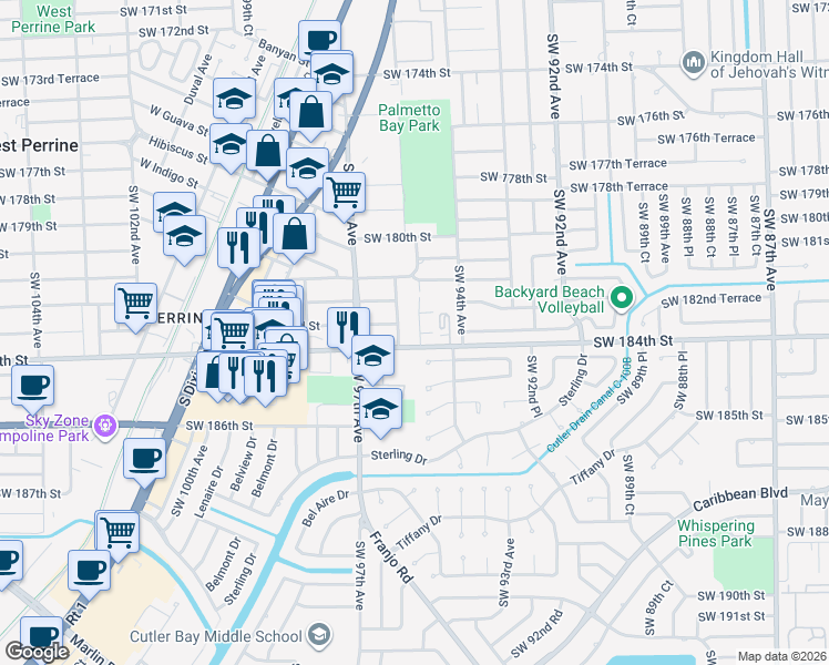 map of restaurants, bars, coffee shops, grocery stores, and more near 18342 Southwest 94th Court in Palmetto Bay