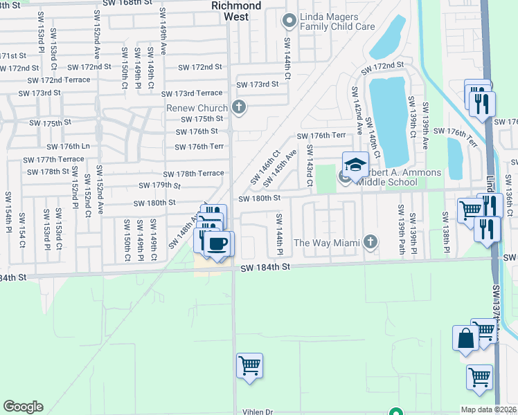 map of restaurants, bars, coffee shops, grocery stores, and more near 14531 Southwest 180th Terrace in Miami