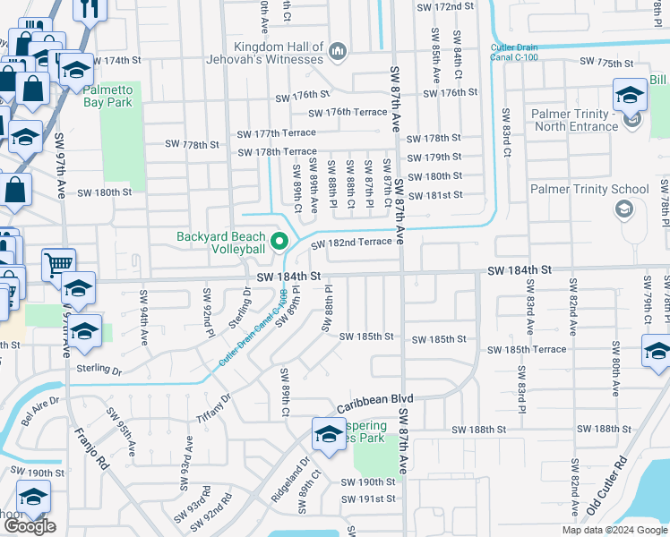 map of restaurants, bars, coffee shops, grocery stores, and more near 18403 Southwest 88th Place in Cutler Bay