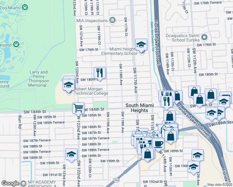 map of restaurants, bars, coffee shops, grocery stores, and more near 11820 Southwest 182nd Terrace in Miami
