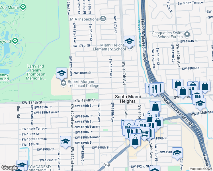 map of restaurants, bars, coffee shops, grocery stores, and more near 11820 Southwest 182nd Terrace in Miami