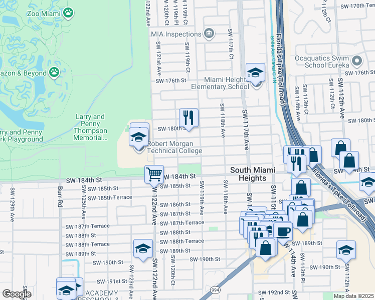 map of restaurants, bars, coffee shops, grocery stores, and more near 11975 Southwest 182nd Terrace in Miami