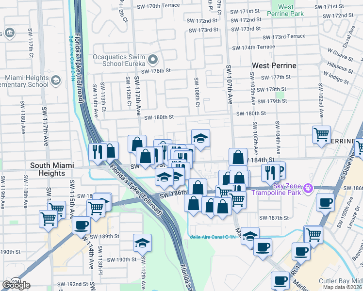 map of restaurants, bars, coffee shops, grocery stores, and more near 18282 Southwest 108th Path in Miami