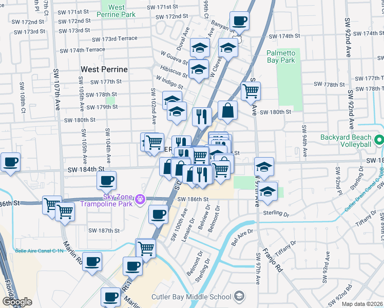 map of restaurants, bars, coffee shops, grocery stores, and more near in Cutler Bay