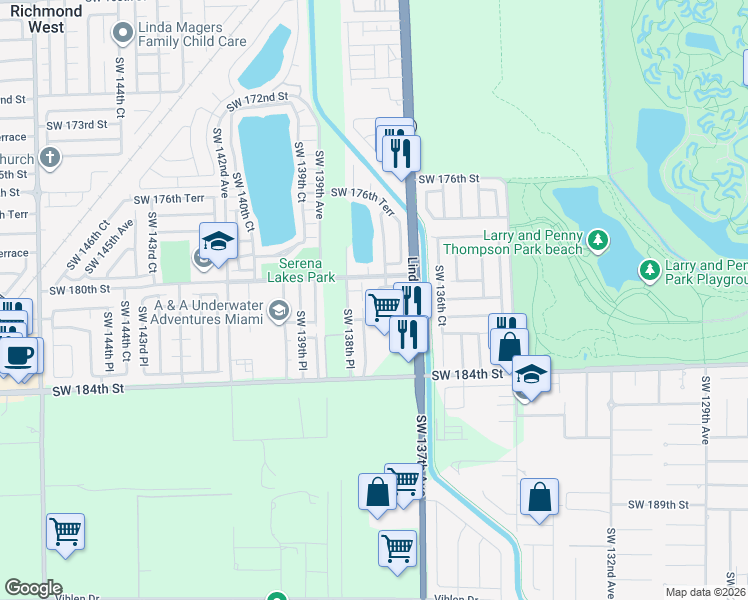 map of restaurants, bars, coffee shops, grocery stores, and more near 13773 Southwest 181st Terrace in Miami
