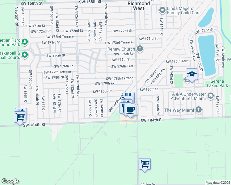 map of restaurants, bars, coffee shops, grocery stores, and more near 14842 Southwest 180th Terrace in Miami