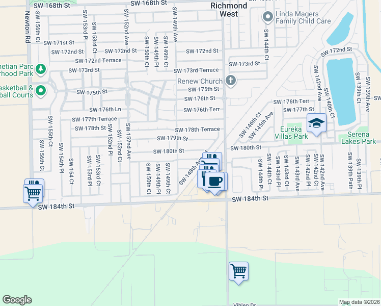 map of restaurants, bars, coffee shops, grocery stores, and more near 14842 Southwest 180th Terrace in Miami