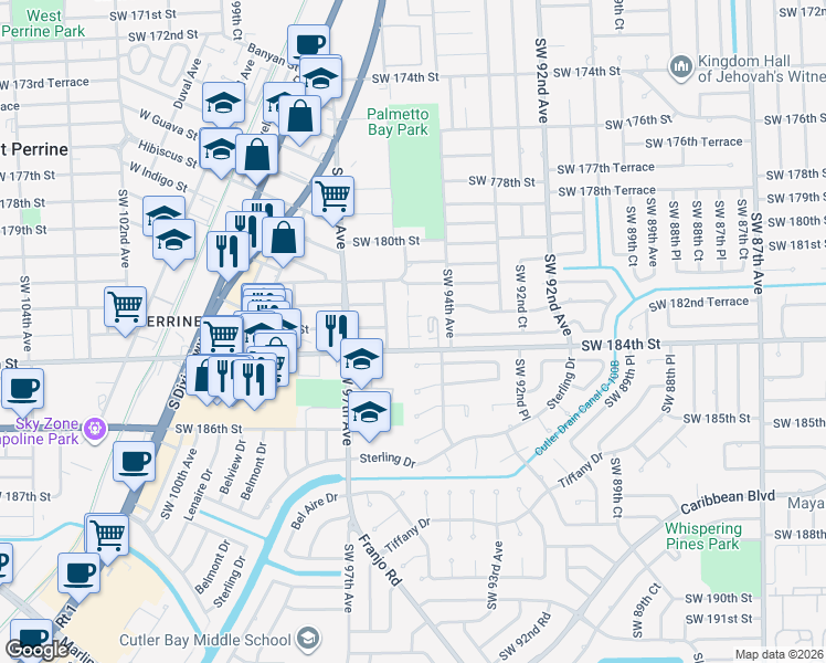 map of restaurants, bars, coffee shops, grocery stores, and more near 18342 Southwest 94th Court in Palmetto Bay