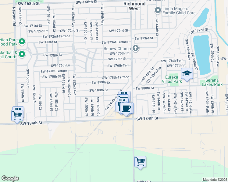 map of restaurants, bars, coffee shops, grocery stores, and more near 14842 Southwest 180th Terrace in Miami