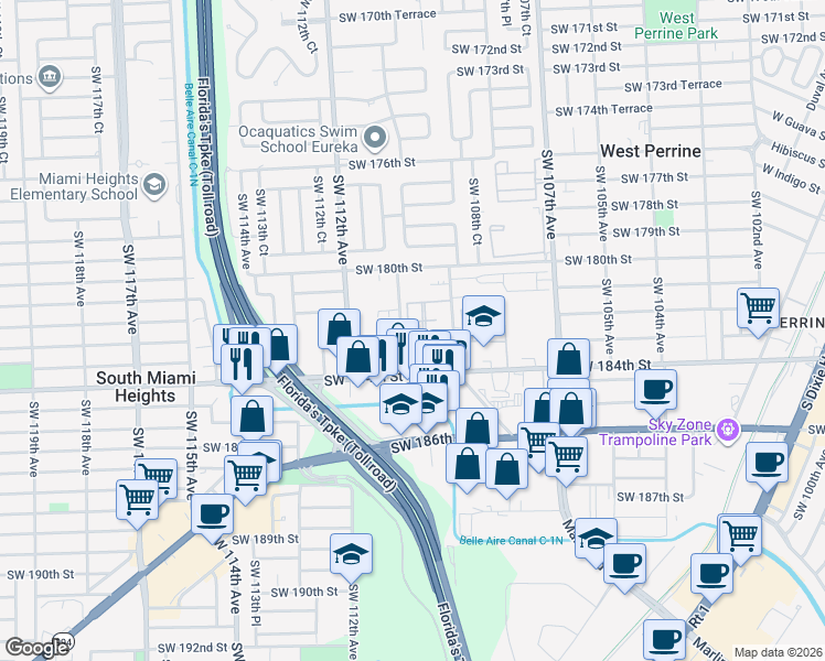 map of restaurants, bars, coffee shops, grocery stores, and more near 18233 Southwest 109th Path in Miami