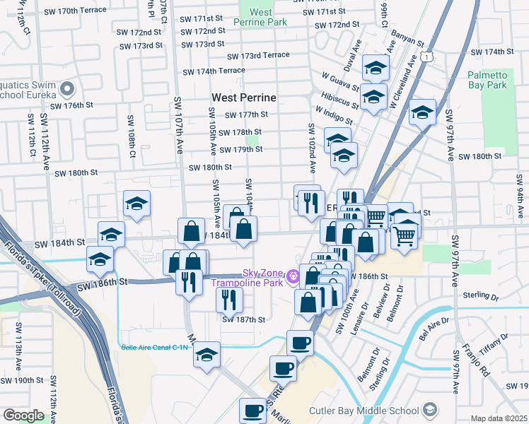 map of restaurants, bars, coffee shops, grocery stores, and more near 10320 Southwest 183rd Street in Miami