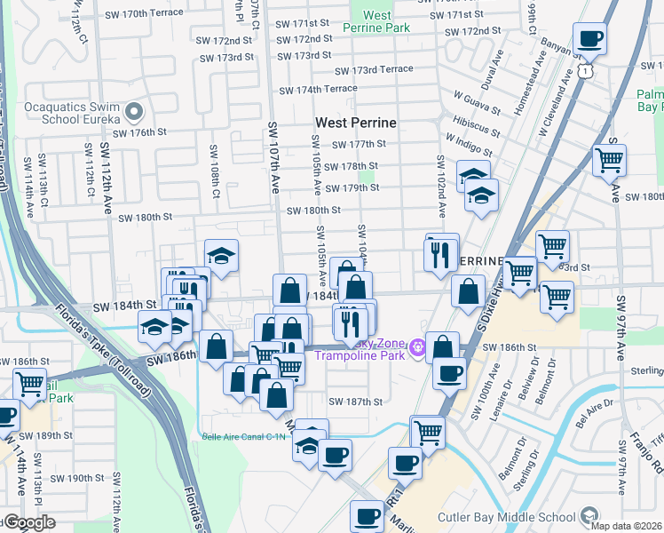 map of restaurants, bars, coffee shops, grocery stores, and more near 10460 Southwest 183rd Street in Miami