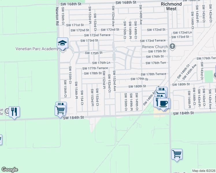 map of restaurants, bars, coffee shops, grocery stores, and more near 18043 Southwest 152nd Place in Miami