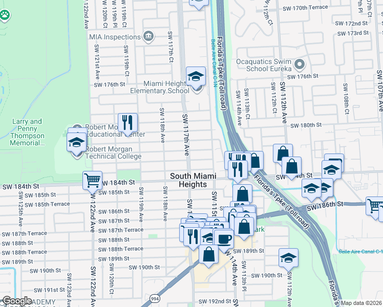 map of restaurants, bars, coffee shops, grocery stores, and more near 11620 Southwest 182nd Terrace in Miami
