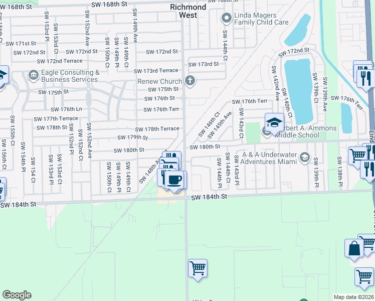 map of restaurants, bars, coffee shops, grocery stores, and more near 18052 Southwest 146th Court in Miami