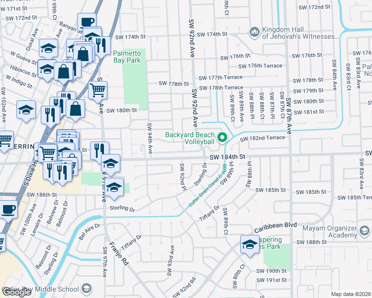 map of restaurants, bars, coffee shops, grocery stores, and more near 9249 Southwest 183rd Terrace in Palmetto Bay