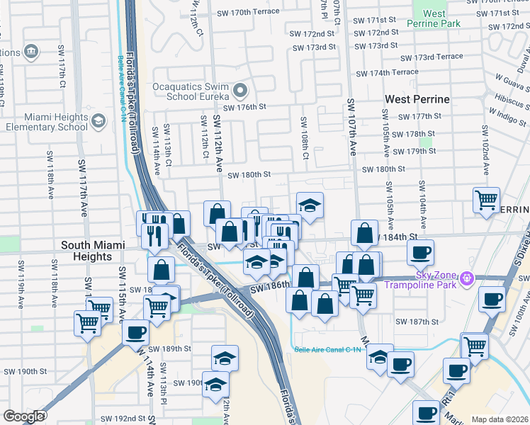 map of restaurants, bars, coffee shops, grocery stores, and more near 10960 Southwest 182nd Lane in Miami