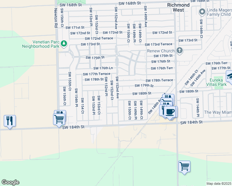 map of restaurants, bars, coffee shops, grocery stores, and more near 15121 Southwest 180th Terrace in Miami
