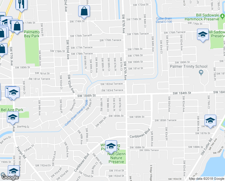 map of restaurants, bars, coffee shops, grocery stores, and more near 8810 Southwest 183rd Terrace in Miami