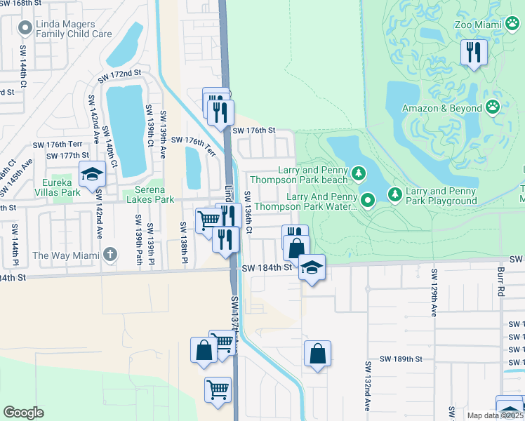 map of restaurants, bars, coffee shops, grocery stores, and more near 13561 Southwest 181st Street in Miami