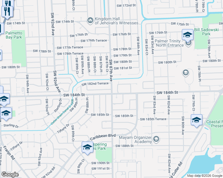 map of restaurants, bars, coffee shops, grocery stores, and more near 8700 Southwest 182nd Terrace in Palmetto Bay