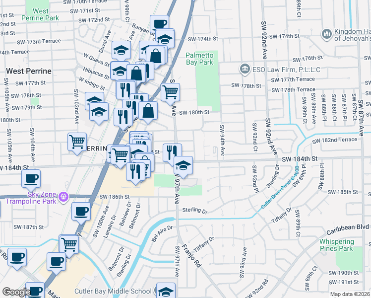 map of restaurants, bars, coffee shops, grocery stores, and more near 9601 Southwest 182nd Street in Palmetto Bay