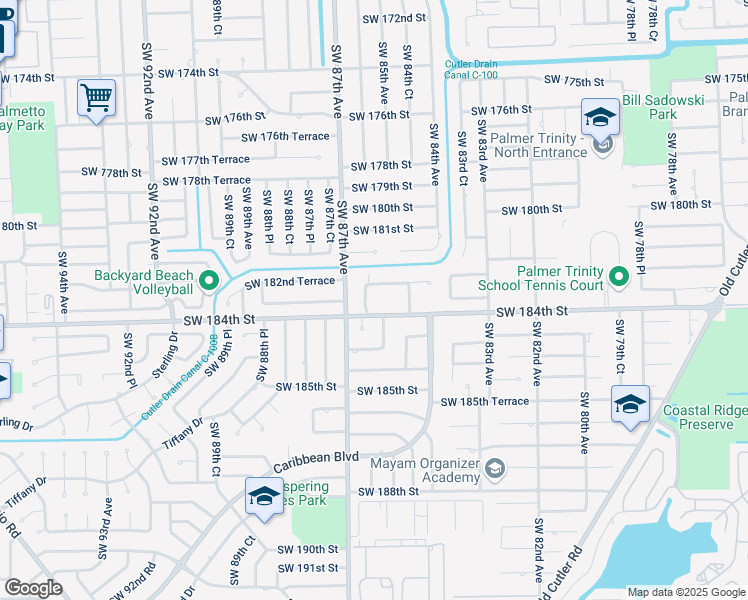 map of restaurants, bars, coffee shops, grocery stores, and more near 8525 Southwest 182nd Terrace in Palmetto Bay