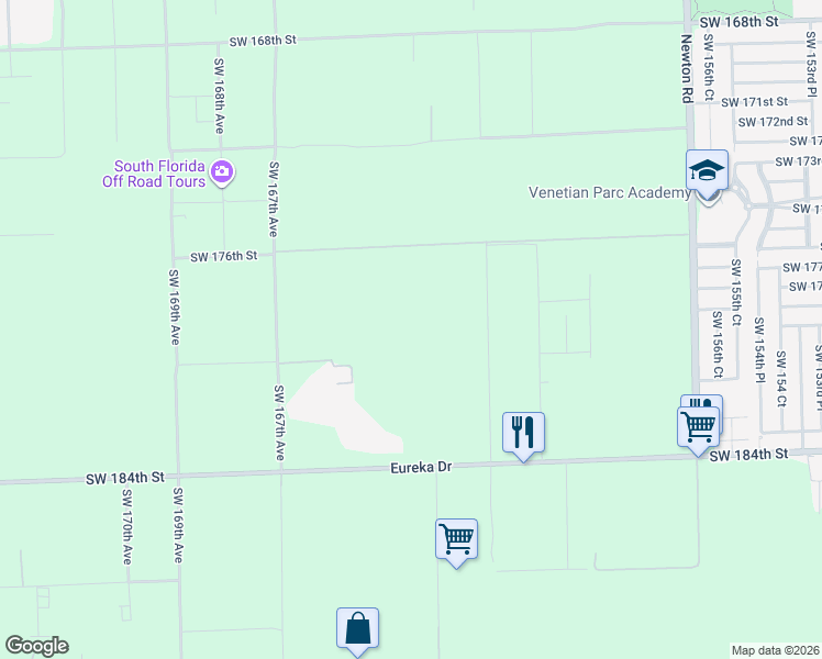 map of restaurants, bars, coffee shops, grocery stores, and more near 16301 Southwest 184th Street in Miami