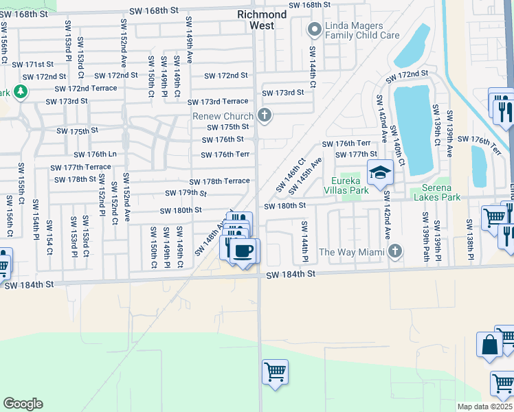 map of restaurants, bars, coffee shops, grocery stores, and more near 17885 Southwest 147th Court in Miami