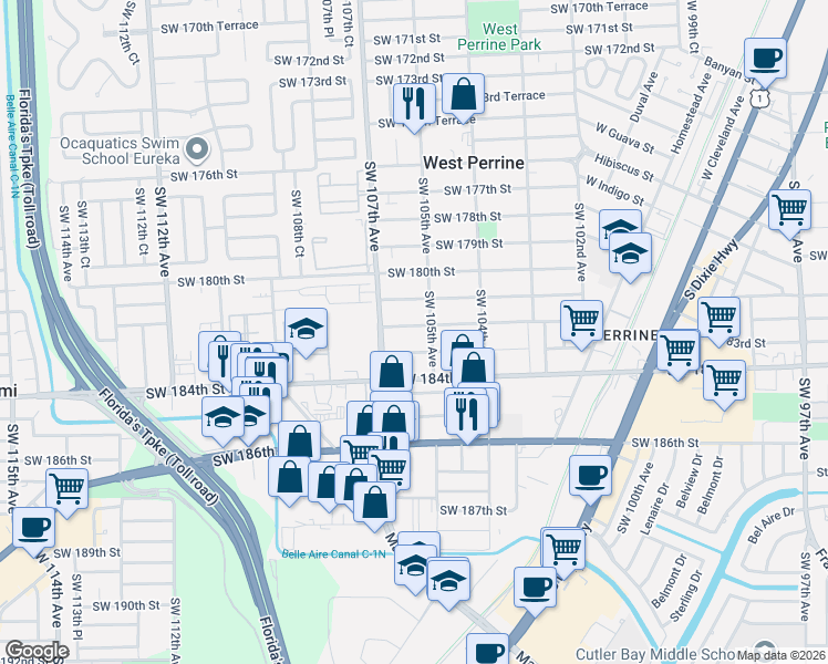 map of restaurants, bars, coffee shops, grocery stores, and more near 10653 Southwest 182nd Street in Miami