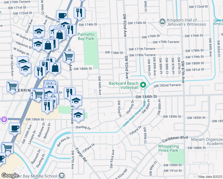 map of restaurants, bars, coffee shops, grocery stores, and more near 9343 Southwest 182nd Street in Palmetto Bay