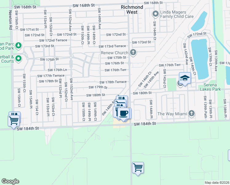 map of restaurants, bars, coffee shops, grocery stores, and more near 14780 Southwest 179th Street in Miami
