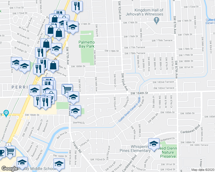 map of restaurants, bars, coffee shops, grocery stores, and more near 9343 Southwest 182nd Street in Palmetto Bay