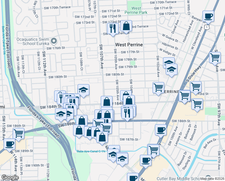 map of restaurants, bars, coffee shops, grocery stores, and more near 10653 Southwest 182nd Street in Miami