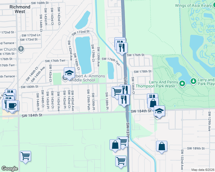 map of restaurants, bars, coffee shops, grocery stores, and more near 17955 Southwest 138th Court in Miami
