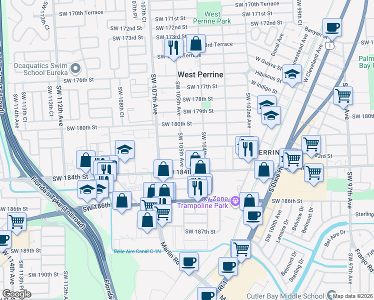 map of restaurants, bars, coffee shops, grocery stores, and more near 18155 Southwest 105th Avenue in Miami