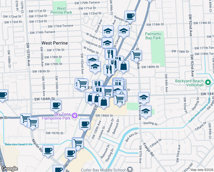 map of restaurants, bars, coffee shops, grocery stores, and more near 18210 South Dixie Highway in Miami