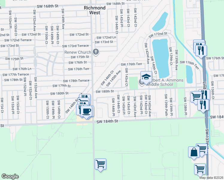 map of restaurants, bars, coffee shops, grocery stores, and more near 17934 Southwest 144th Court in Miami