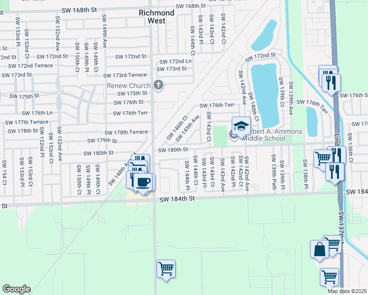 map of restaurants, bars, coffee shops, grocery stores, and more near 17934 Southwest 144th Court in Miami