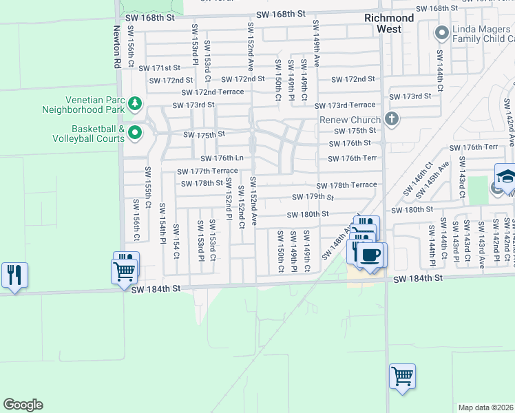map of restaurants, bars, coffee shops, grocery stores, and more near 17900 Southwest 151st Court in Miami