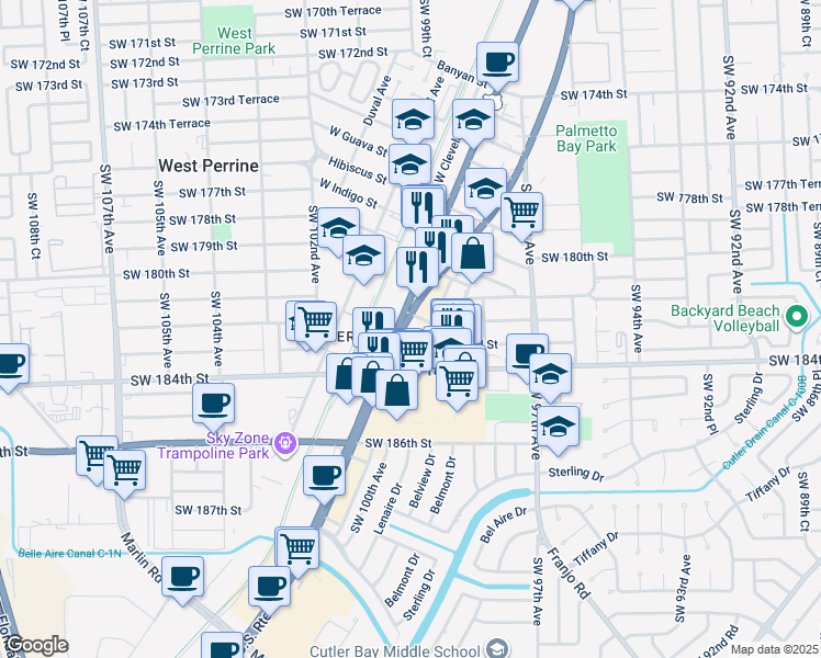 map of restaurants, bars, coffee shops, grocery stores, and more near 18210 South Dixie Highway in Miami