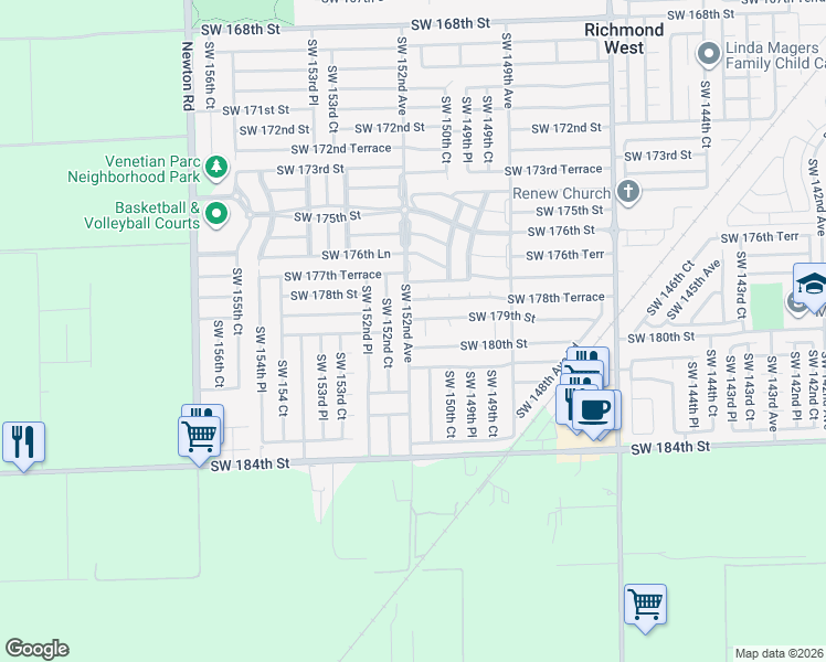 map of restaurants, bars, coffee shops, grocery stores, and more near 17900 Southwest 151st Court in Miami