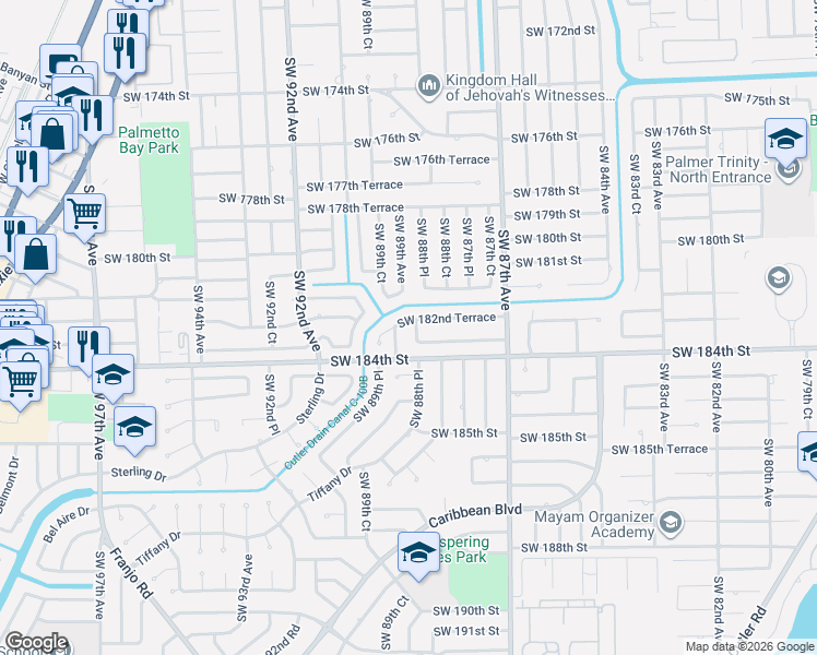 map of restaurants, bars, coffee shops, grocery stores, and more near 8885 Southwest 182nd Terrace in Palmetto Bay