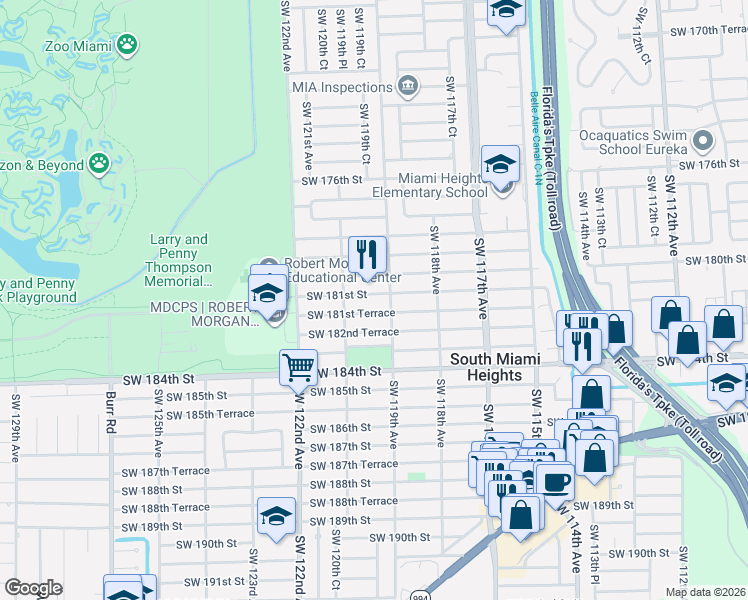 map of restaurants, bars, coffee shops, grocery stores, and more near 11963 Southwest 181st Street in Miami
