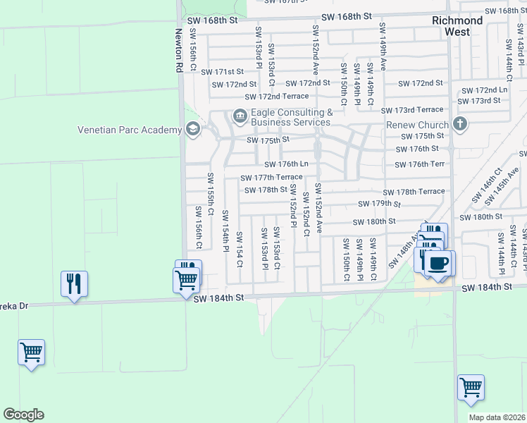 map of restaurants, bars, coffee shops, grocery stores, and more near 15396 Southwest 178th Terrace in Miami