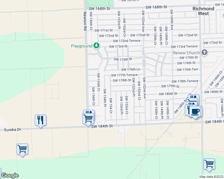 map of restaurants, bars, coffee shops, grocery stores, and more near 15396 Southwest 178th Terrace in Miami