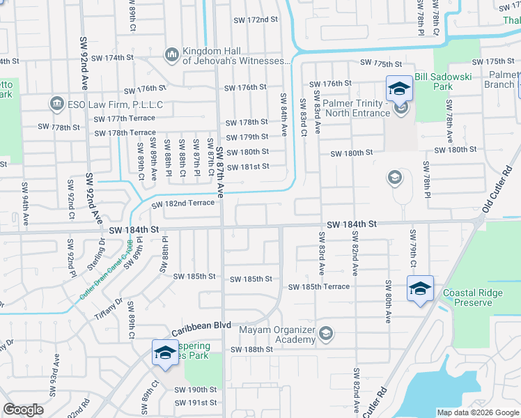 map of restaurants, bars, coffee shops, grocery stores, and more near 8440 Southwest 182nd Terrace in Palmetto Bay