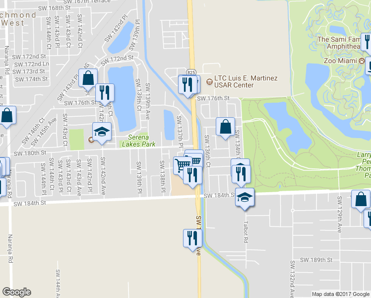 map of restaurants, bars, coffee shops, grocery stores, and more near 13733 Southwest 180th Terrace in Miami